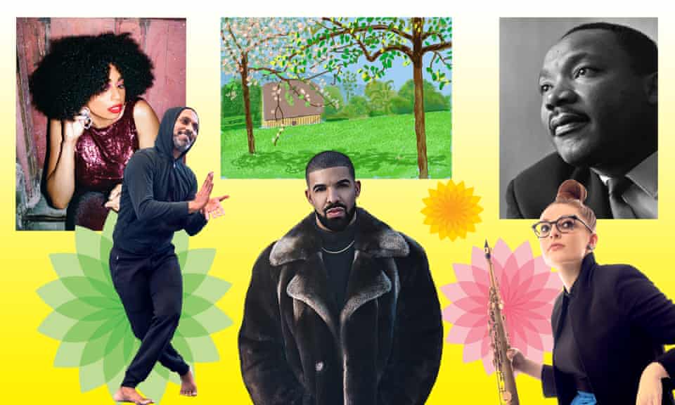 L-r: singer-songwriter Celeste, dancer and choreographer Akram Khan, David Hockney’s No 241, 23rd April 2020, rapper Drake, Martin Luther King and saxophonist Jess Gillam.