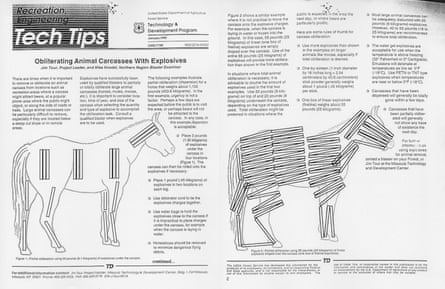 A manual page titled “Obliterating Animal Carcasses with Explosives” shows step-by-step instructions about how to blow up large animal carcasses with illustrations showing where to place explosives