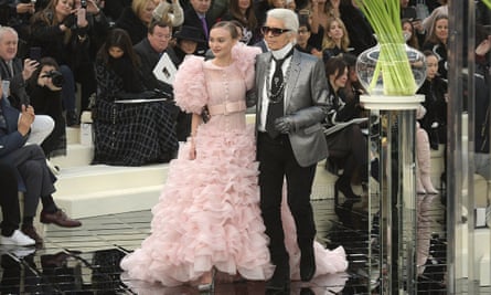 Lily-Rose Depp with designer Karl Lagerfeld at the show’s finale.