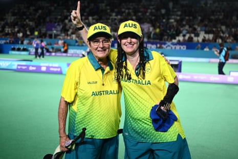 Louise Hoskins (left) and Serena Bonnell of Australia celebrate winning the Para Women’s Pairs B6-B8 Gold Medal