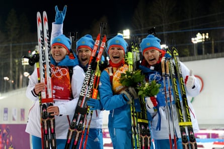 Sochi biathlon relay silver medallists Yana Romanova, Olga Zaitseva, Ekaterina Shumilova and Olga Vilukhina. Romanova and Vilukhina were among athletes later banned from competing for life by the IOC.
