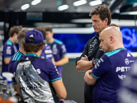 Toto Wolff, Executive Director of Mercedes, looks on in the garage during sprint qualifying ahead of the Singapore Grand Prix