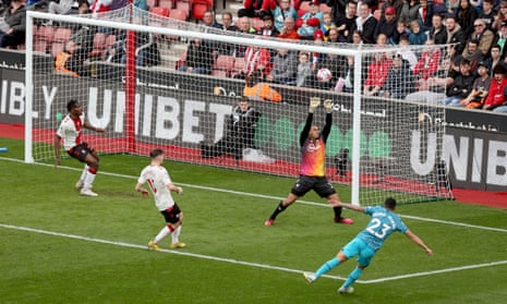 Pedro Porro (right) of Tottenham Hotspur opens the scoring against Southampton.