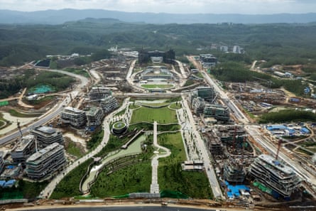 This aerial view shows Indonesia’s future Presidential Palace (C) in the future capital city of Nusantara, in Penajam Paser Utara, East Kalimantan, on 11 July 2024