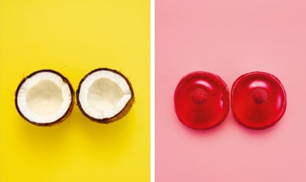 Grid of two images, each showing two items looking like breasts, the first coconut halves against yellow background, the other red jellies against pink background