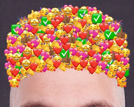 closeup of a bald head covered with emojis