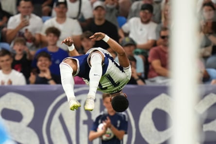 Omari Hutchinson delivers an acrobatic flip after scoring England’s second goal