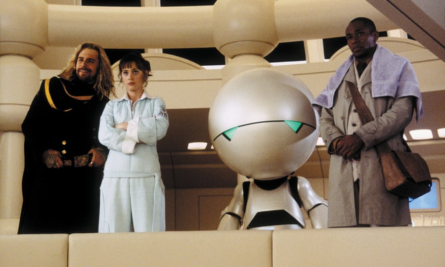 from left: sam rockwell, zoey deschanel, marvin the robot, and Mos Def