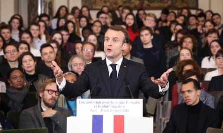 Emmanuel Macron gives a speech to members of the Académie Française in 2018.