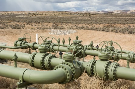 Pipeline valves over the area where the fracking slurry poured into a wash on 17 February 2019.