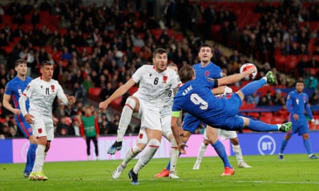 Harry Kane scores an acrobatic third goal, and England’s fifth, just before half-time