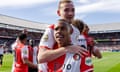 Igor Paixao celebrates scoring Feyenoord’s sixth with Thomas Beelen