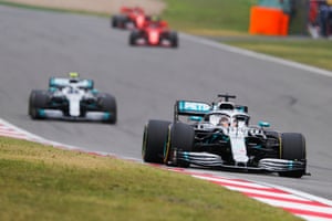 Hamilton leads Valtteri Bottas and the Ferraris during the race.