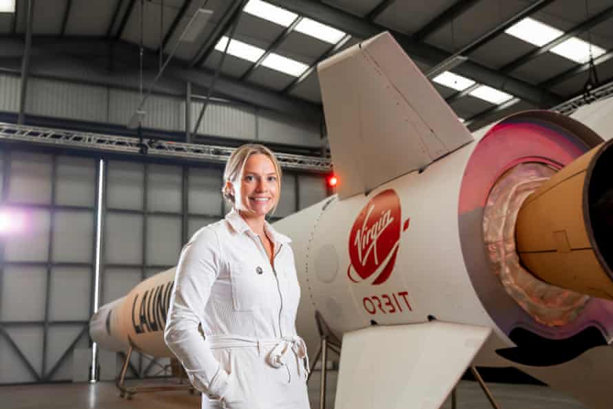Melissa Thorpe, head of Spaceport Cornwall, with a Virgin Orbit spacecraft.