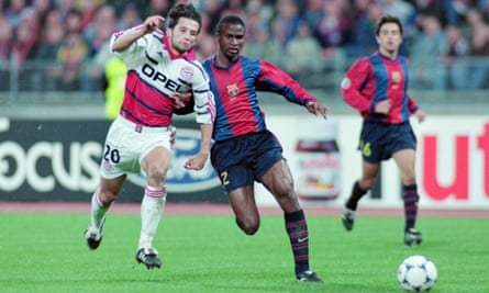 Samuel Okunowo of Barcelona competes against Bayern Munich in the Champions League.