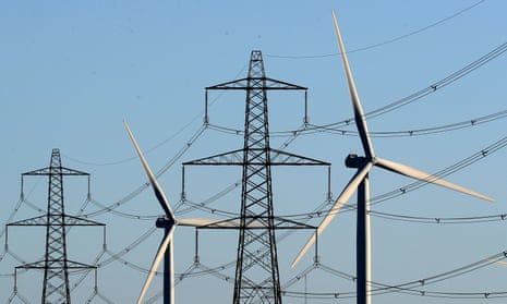 Wind power turbines and electricity pylons