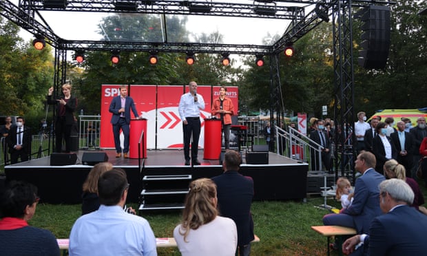Scholz speaks at an election campaign rally in Leipzig.