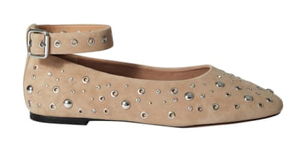 pale brown suede flats with silver studs and a buckled ankle strap