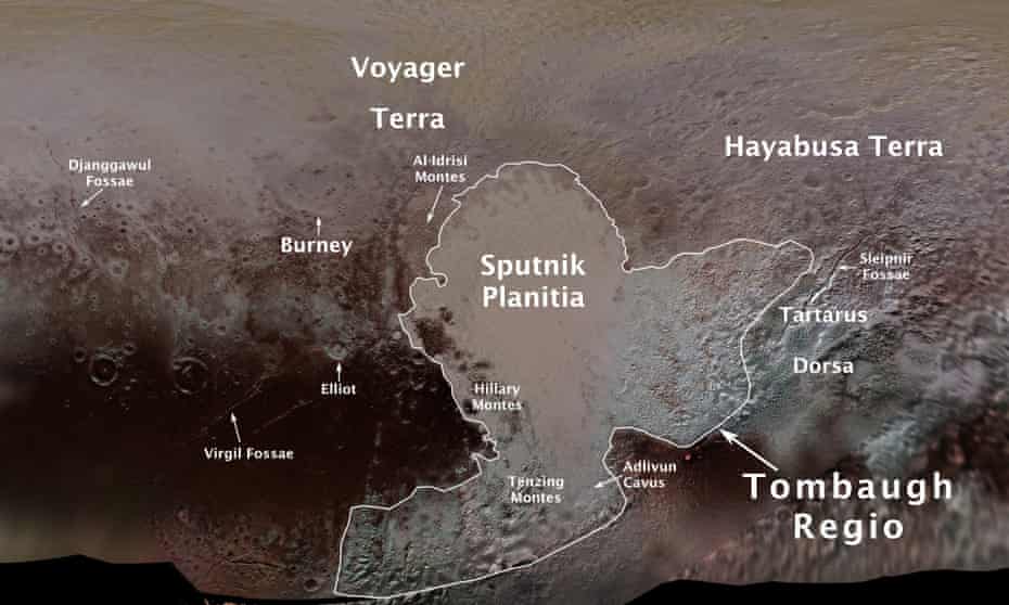Pluto’s first official surface feature names are marked on this map, compiled from images and data gathered by Nasa’s New Horizons spacecraft during its flight through the Pluto system in 2015.