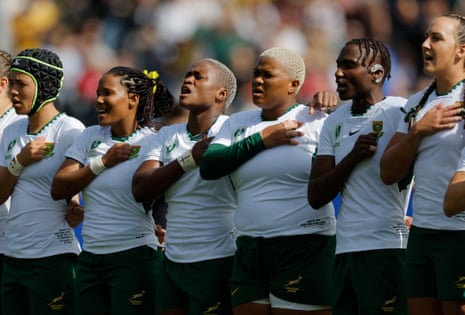 South Africa players sing their national anthem before the Women’s Rugby World Cup 2025 quarter-final match against New Zealand.