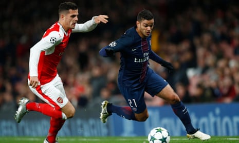 Granit Xhaka, left, was omitted from Arsenal’s starting lineup in recent big games against Paris St Germain and Manchester United.