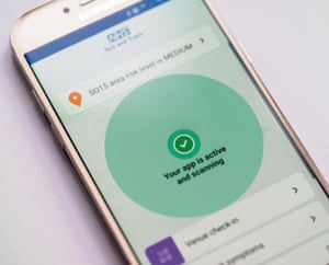The NHS Covid-19 app open and in use on an Android mobile phone indicating that the app is active and scanning via bluetooth. The app was launched on 24 September 2020 to be used as a contact tracing app in England and Wales, UK