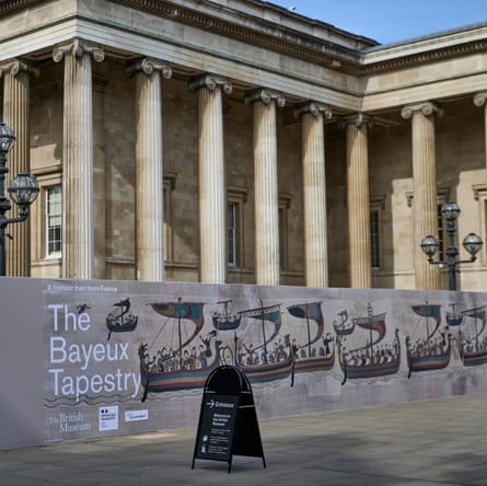 The Bayeux Tapestry exhibition at British Museum is advertised outside the venue