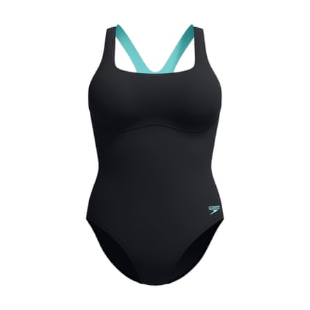 Speedos Racerback Swimsuit in black with aqua inside and logo.