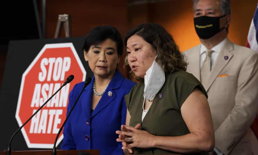 Congresswomen Grace Meng and Judy Chu and congressman Mark Takano at a press conference about the Covid-19 Hate Crime Act on Tuesday.
