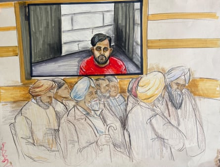 Karan Brar, one of the three individuals charged with the murder Hardeep Singh Nijjar in 2023, appears by video link as members of the Sikh community attend court in Surrey, British Columbia, Canada, on 7 May in a courtroom sketch.