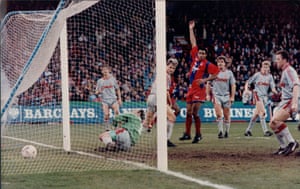 Mark Bright celebrates after scoring against Liverpool at Selhurst Park in December 1990.