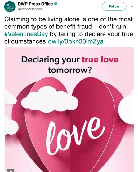 The DWP’s Valentine’s message on Twitter to benefit recipients