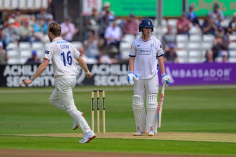Ben Mayes of Hampshire is caught off the bowling of Essex’s Sam Cook