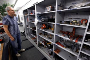 A borrower at the Grosse Pointe tool library in Michigan, which opened in 1943. Photograph: Paul Sancya/AP