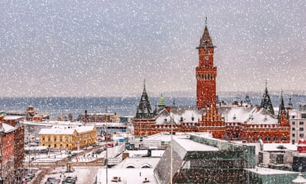 City Hall Square Copenhagen with falling snow