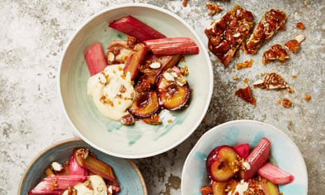 Yotam Ottolenghi’s roasted rhubarb and plums with sabayon and brittle.