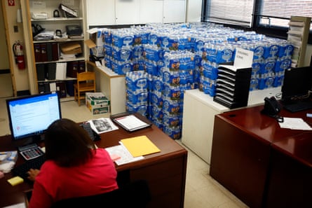 Water is stacked in several rooms scattered around the Newark Health Department.