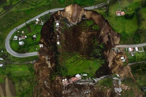 Aerial view of the area affected by a landslide in Alausi