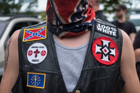 White supremacist racist organization Ku Klux Klan (KKK) members are seen during a rally in Madison, Indiana, United States on August 31, 2019.