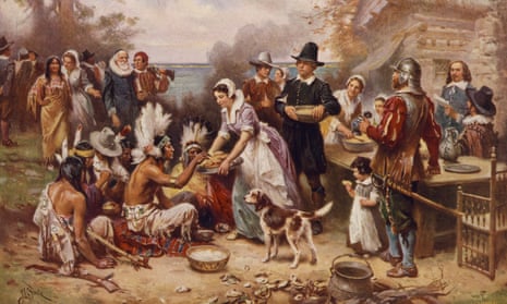 "First Thanksgiving," painted by Jean Leon Gerome Ferris in the early 1900s, depicts a romanticized and pro-settler image of early contact between the Pilgrims and Native Americans.