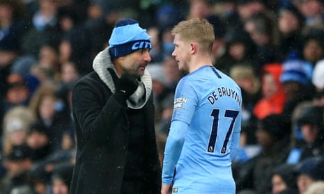 Kevin de Bruyne gets a last-minute Pep talk before coming on.