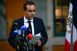 French overseas minister Sebastien Lecornu speaks to media at the sous-prefecture in Pointe-a-Pitre, Guadeloupe.