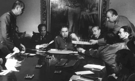 Augusto Pinochet presides over a meeting with his military staff in Santiago, Chile, in September 1973.
