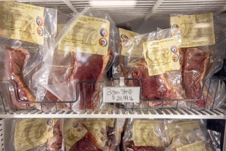 packets of bison meat are seen in a refrigerator