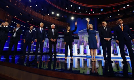 Democratic presidential candidates on the second night of the Democratic primary debate hosted by NBC News in Miami, 27 June 2019.