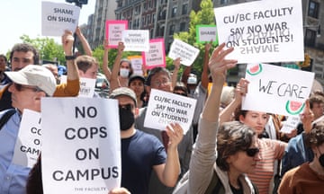 Columbia University professors demonstrate outside the campus demanding the release of students in New York.