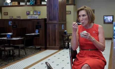 Carly Fiorina enjoys some ice cream as she campaigns at the Blue Bunny Ice Cream Parlor in Le Mars, Iowa