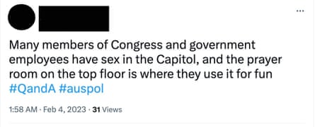 Redacted tweet shared by Chinese spammers trying to discredit Australian democracy