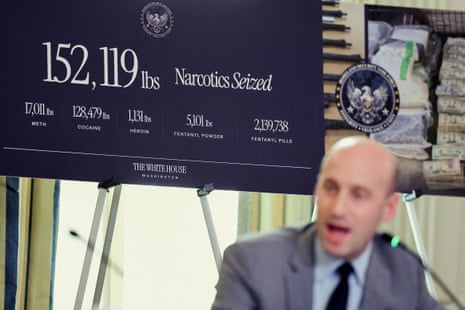 Stephen Miller, White House deputy chief of staff, spoke on Thursday in front of a board with statistics on drugs seized.