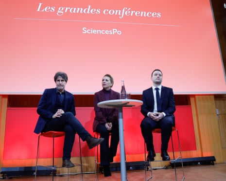 Danish prime minister Frederiksen (centre) and Greenlandic prime minister Nielsen (right) attend a Grande Conference at Sciences Po in Paris, France.